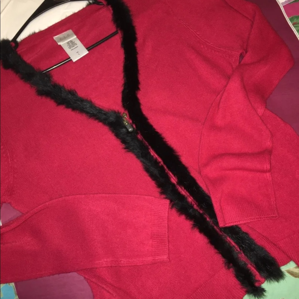 Rabbit Fur Trimmed Cardigan Sweater